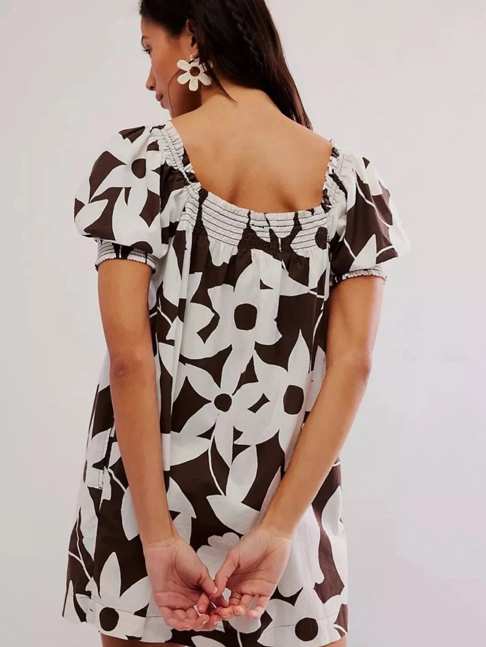 Free People Mika Brown and White Floral Puff-Sleeve Mini Dress NWT - Picture 3 of 8